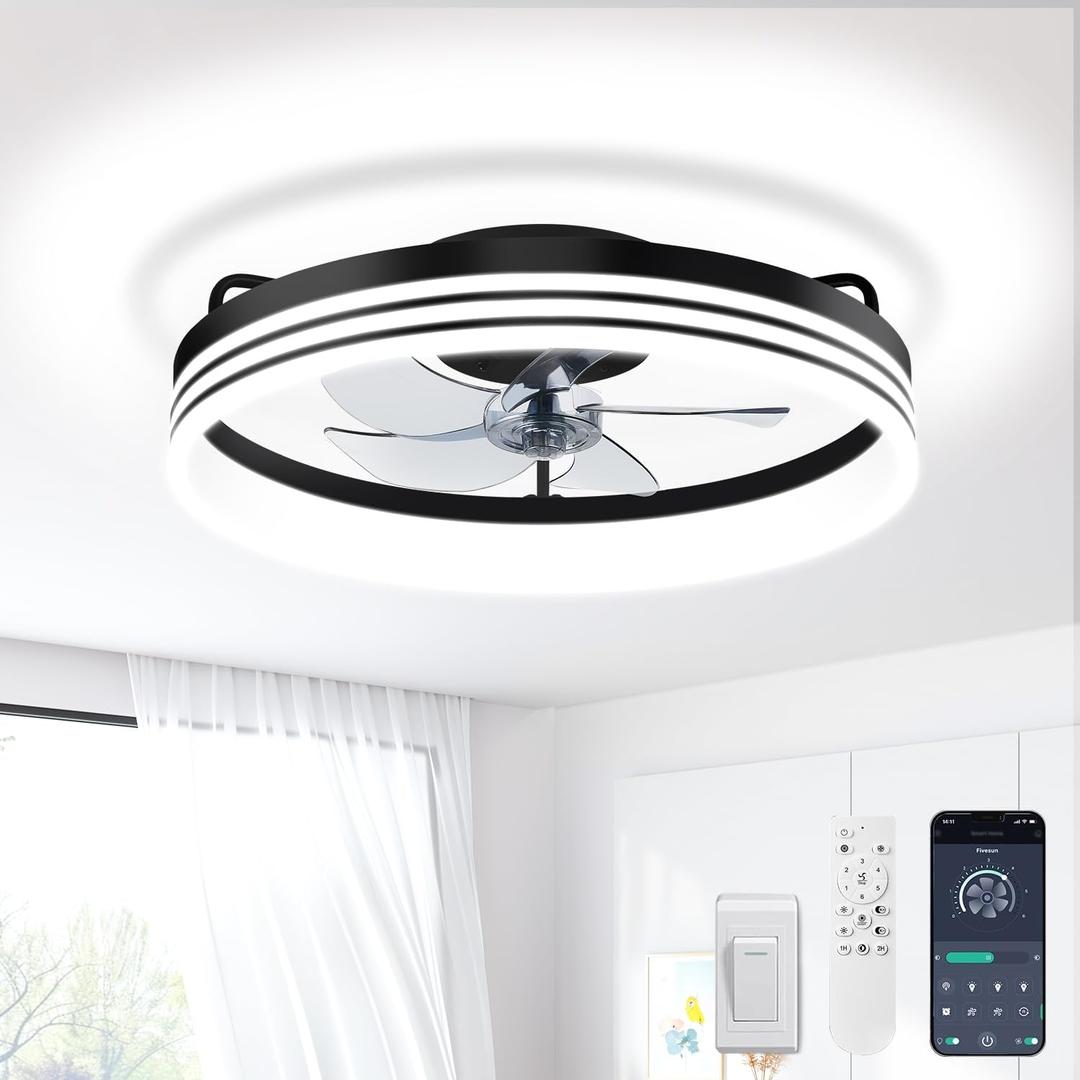 Low Profile Ceiling Fans with Lights and Remote, 21'' Modern Flush Mount Ceiling Fan, 2700K-7000K Dimmable Fandelier LED Fan Light, 6 Wind Speeds, Quiet Black Ceiling Fan with Light for Bedroom