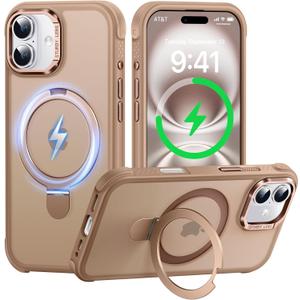 Case for iPhone 16, with Invisible Magnetic Stand, Mil-Grade Drop Protection, Non-Slip, Anti Fingerprint Anti Scratch, Shockproof Matte Phone Case (Brown)