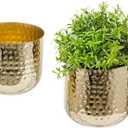 MyGift Modern Hammered Brass Plated Metal Planter Pots  Set of 2 Indoor Plant Containers, 6 & 5-Inch Cylindrical Metallic Planters  Handcrafted in India