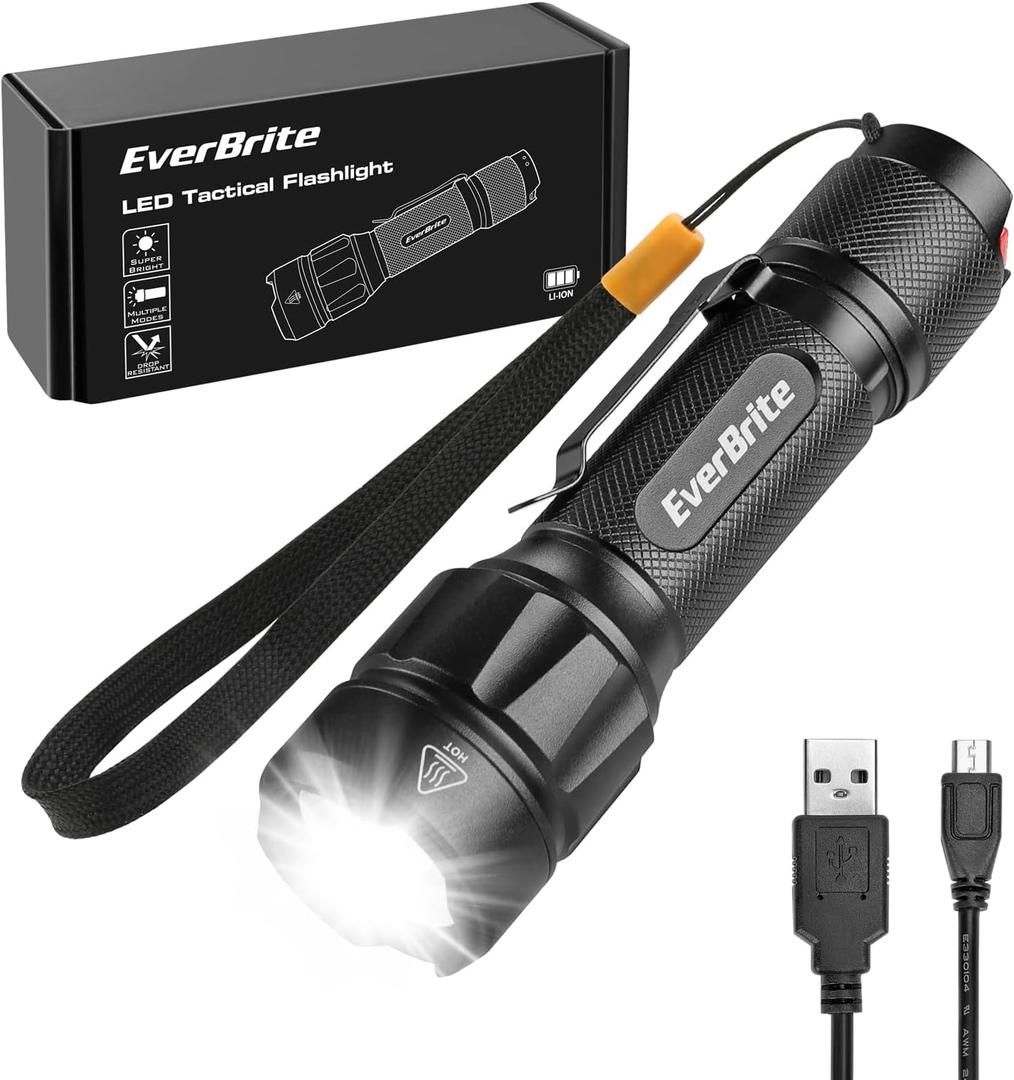 EverBrite LED Tactical Flashlight, Rechargeable Flashlight 750 Lumens with Lanyard & Clip, 6 Modes (High/Medium/Low/Strobe/SOS/Turbo), for Camping, Hiking, Emergency, Survival Use