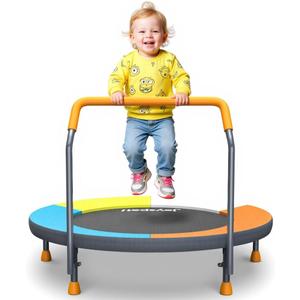 3FT Toddler Trampoline for Kids Ages 1-6, 36" Foldable Mini Trampoline with Adjustable Handle, Indoor/Outdoor Rebounder, Colorful Jumping Mat, Quiet Elastic Band, Safety No-Gap, Max Load 100 LBS
