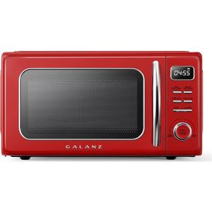 Galanz GLCMKZ11RDR10 Retro Countertop Microwave Oven with Auto Cook & Reheat, Defrost, Quick Start Functions, Easy Clean with Glass Turntable, Pull Handle, 1.1 cu ft, Red