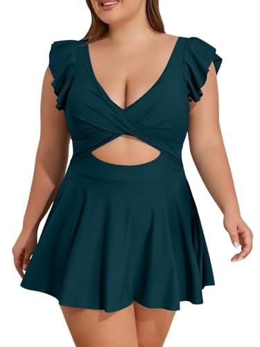 B2prity Women's Plus Size Swimsuit Tummy Control One Piece Swimdress Ruffle V Neck Cutout Wrap Bathing Suit with Skirt Peacock Green.18