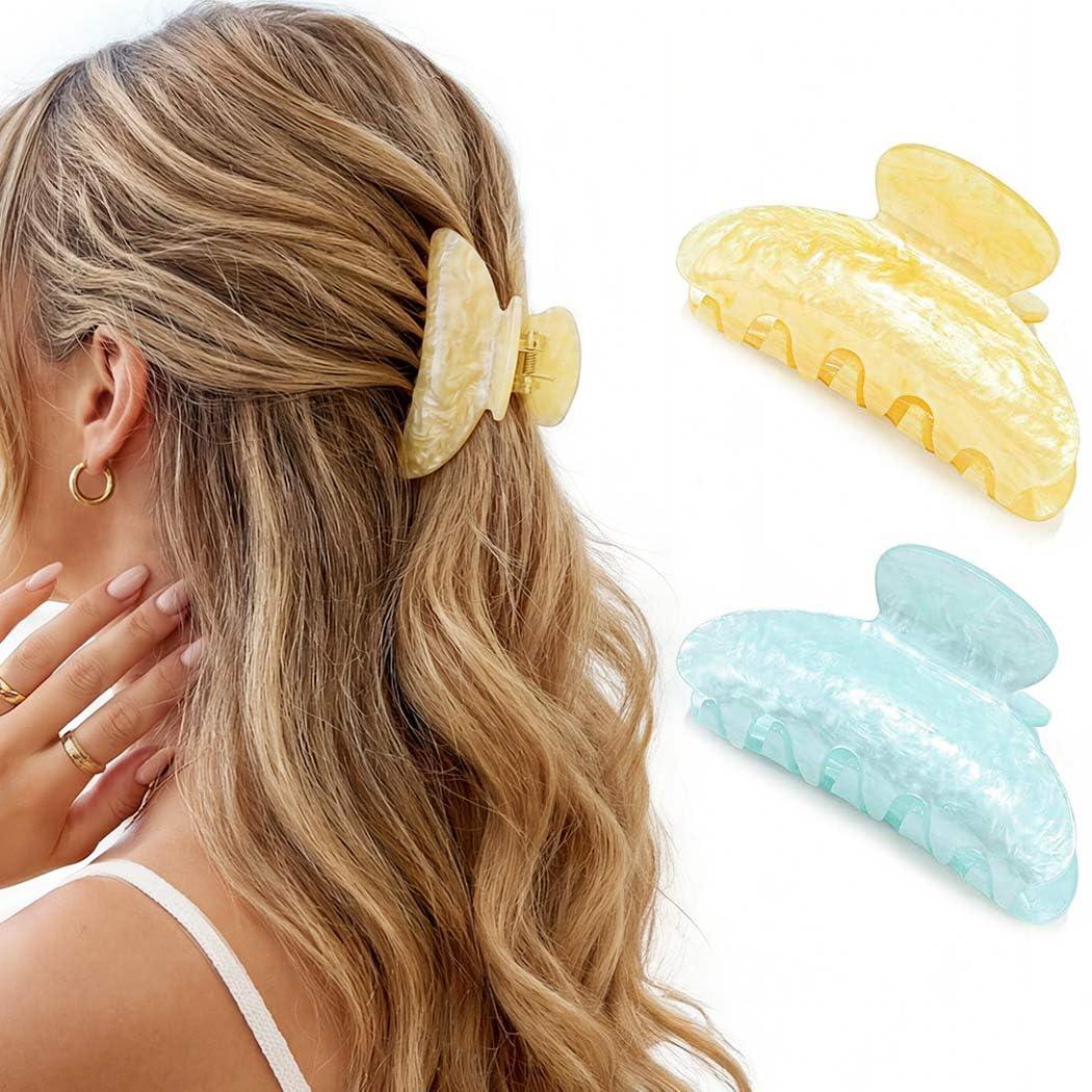 CAKURE Acrylic Hair Clips Medium Claw Clips for Thick Thin Hair Accessories for Women and GirlsPack of 2 (f-light blue&yellow)