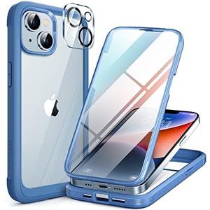 Miracase Glass Series for iPhone 14 Case 6.1 inch, [Built-in Tempered Glass Screen Protector] [Bubble Free] Full-Body Protective Bumper Phone Case with Camera Lens Protector, Blue