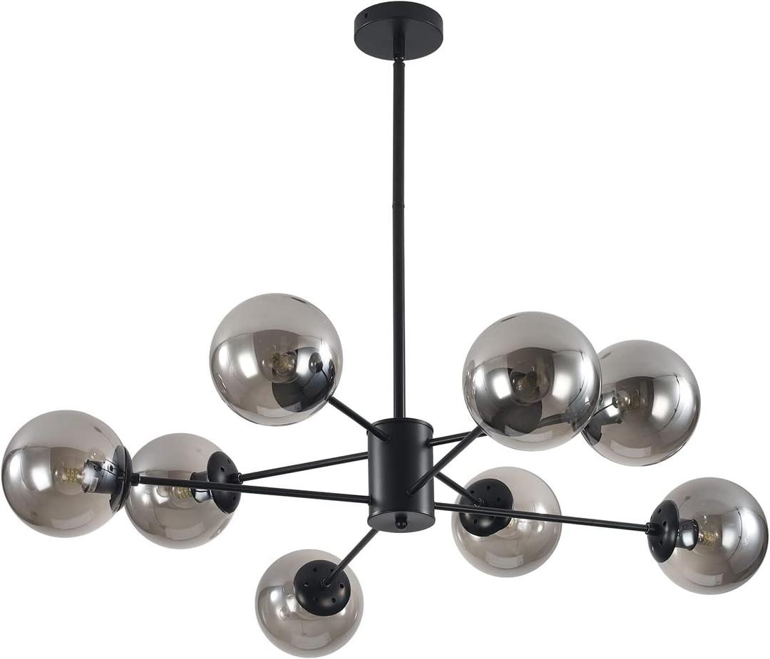 KCO Lighting 8 Lights Modern Sputnik Ceiling Light Fixture Black Globe Chandelier Smoke Gray Glass Chandelier Mid Century Hanging Light Fixture, 36.6" x 36.6" x 25.3"