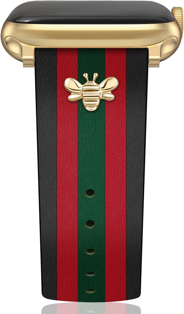 Designer Leather Bands with Charms Compatible with Apple Watch 38mm 40mm 41mm 42mm(S11/10) 44mm 45mm 46mm 49mm Women Men Strap for iWatch Series 11/10/9/8/7/6/5/4/3/2/1 SE 1/2/3 Ultra 1/2/3 (Black/Green/Red+Gold)