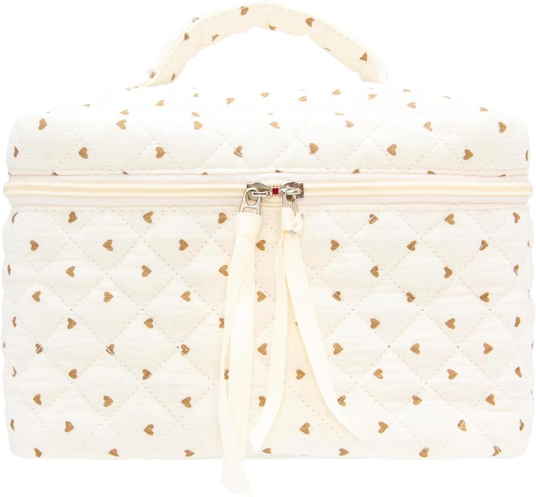 PAZIMIIK Quilted Makeup Bag Large Travel Zipper Soft Cosmetic Case for Women Girls Make Up,Gauze Heart Coffee (1 PCS Bag)