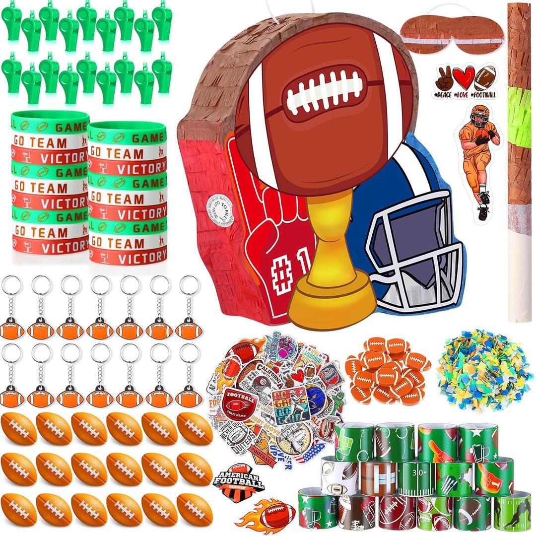 162 Pcs Football Piata Football Party Favors with Blindfold Confetti Bat Stress Balls Keychains Wristbands Whistles Eraser Slap Bracelet Stickers Sports Piata Birthday Party Decorations