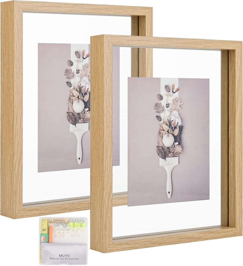 MUYE 8x10 Floating Frame Set of 2,Double Glass Rustic Photo Frame for Wall Hanging or Tabletop Standing,Display Any Size Photo up to 8x10, Natural