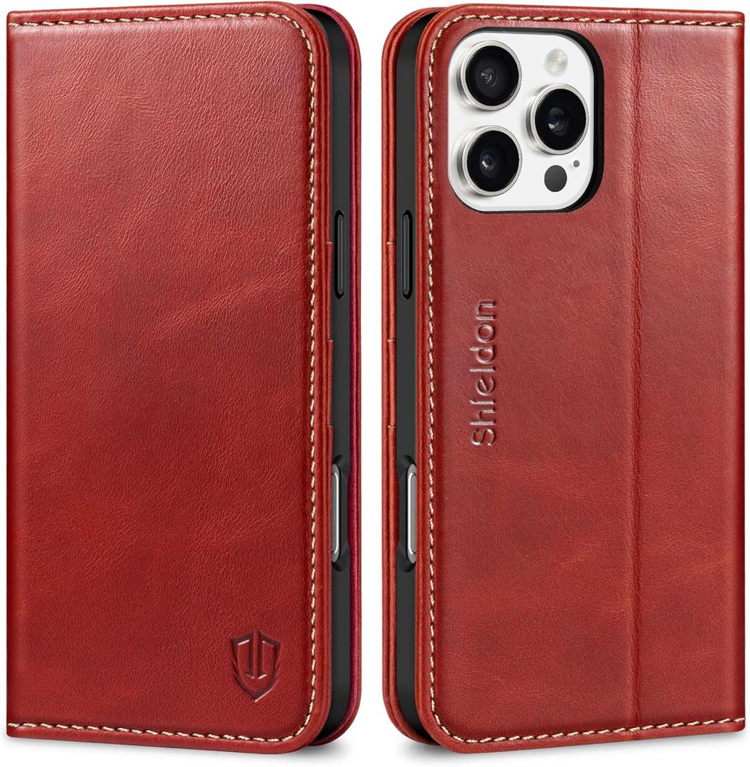 SHIELDON Case for iPhone 16 Pro Max 2024, Genuine Leather Foldable Wallet Case, Kickstand, RFID Blocking Credit Card Slots, Magnetic Protective Case Compatible with iPhone 16 Pro Max 6.9" - Retro Red