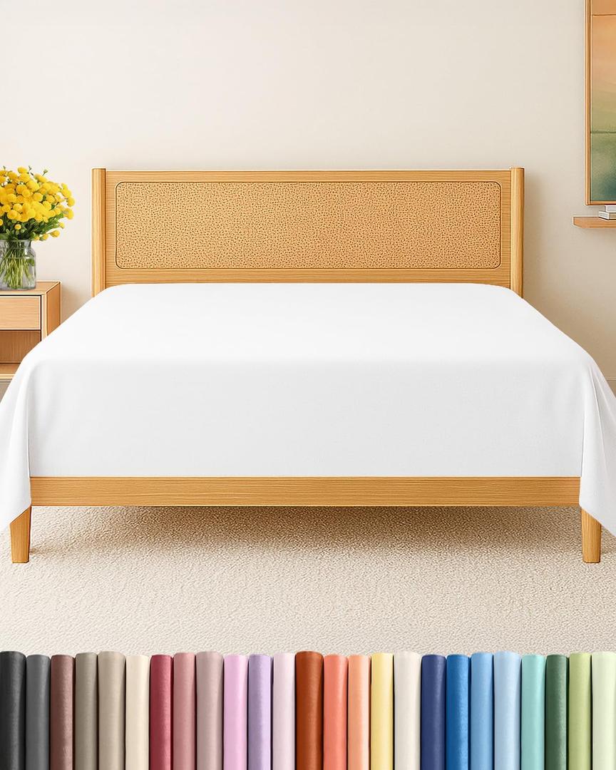 Cal King Size Flat Sheet - Hotel Quality Top Flat Bed Sheet Only - Ultra-Soft, Breathable & Cooling - Fade & Wrinkle Free - Easy-Care, Stain & Shrink Resistant Bedding - Easy-Fit & Oeko-Tex - White