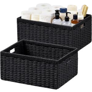 UBBCARE 2 Pack Wicker Basket, 16.5L13H7.5W inch Woven Paper Rope Storage Baskets for shelves, Foldable Rectangular Storage Baskets with Handle, Storage Basket for Organizing, Black
