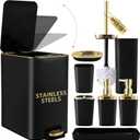 Black Bathroom Accessories 8 Piece Black and Gold Bathroom Set, Bathroom Accessories with Stainless Steel Bathroom Trash Can,Toilet Brush,Toothbrush Set,Soap Dispenser