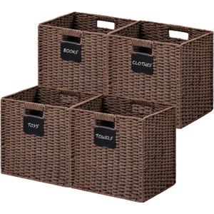 UBBCARE 4 Pack Wicker Basket, 10.5×10.5 Storage Cubes with Label, Foldable Cube Storage Bin with Handle, Square Storage Basket for Shelves, Woven Paper Rope Basket for Organizing, Brown