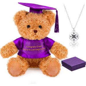 Zhanmai 3 Pcs 2026 Graduation Gift Set Include Graduation Plush Bears Inspirational Compass Necklace with Box for Preschool Kindergarten Primary College High School Party Favors (Purple)