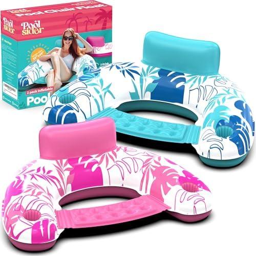 Pool Chair Floats - 2 Pack Floating Pool Chairs for Adults | Inflatable Pool Chair with Cup Holder & Armrest | Swimming Chairs for Adults | Tropical Design (Pink/Blue) Pool Float Chair - Poolsider