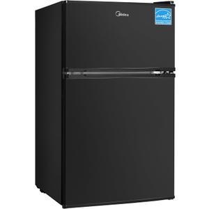 Midea WHD-113FB1 Double Door Mini Fridge with Freezer for Bedroom Office or Dorm with Adjustable Remove Glass Shelves Compact Refrigerator, 3.1 cu ft, Black