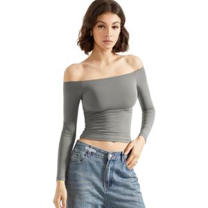 SUUKSESS Women Off Shoulder Double Lined Long Sleeve Shirts Basic Going Out Tops (Medium, Gray)