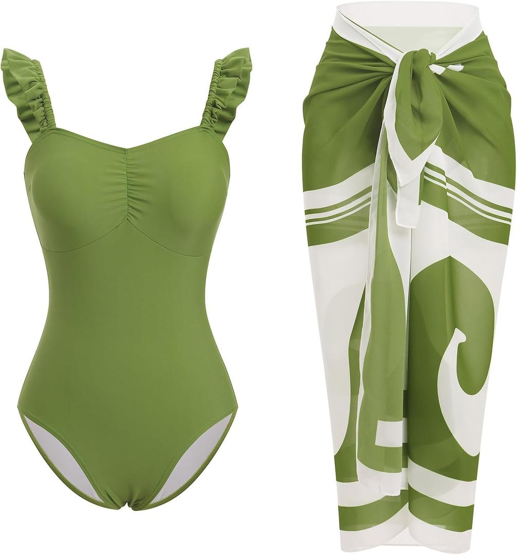 IDOPIP Women's One Piece Swimsuit with Beach Cover up Wrap Skirt Sarong Retro Floral Print Bikini Set Two Piece Bathing Suits (Medium, Green Print 2pcs)