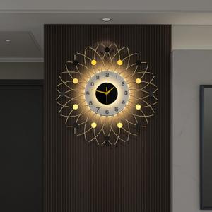 Large Gold Starburst Wall Clcok with Light for Living Room Decor, 24 Inch