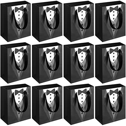 Sinmoe 24 Pieces 7 Inches Groomsmen Gift Bags Tuxedo Treat Bags Wedding Party Favor Black Tie Shirt Pattern Paper Present Wraps for Wedding Father's Birthday Anniversary Goodies Treats