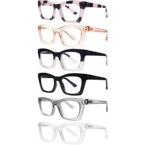 SIGVAN 6 Pack Reading Glasses Blue Light Blocking Square Computer Spring Hinge Readers for Women 6 Mix-9, 4.0 x