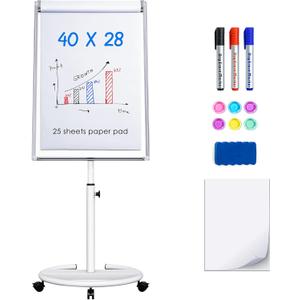 maxtek Mobile Dry Erase Board 40x28 inches Magnetic Portable Whiteboard Stand Easel White Board Flipchart Easel Board with 25 Sheets Paper Pad for School Supplies