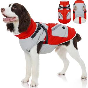 FUAMEY Dog Winter Jackets for XLarge Dogs,Dog Coat with Harness Built in,Waterproof Dogs Snowsuits Warm Pet Jacket Zip Up Fleece Cold Weather Coats Reflective Puppy Vest with Pocket Red XL