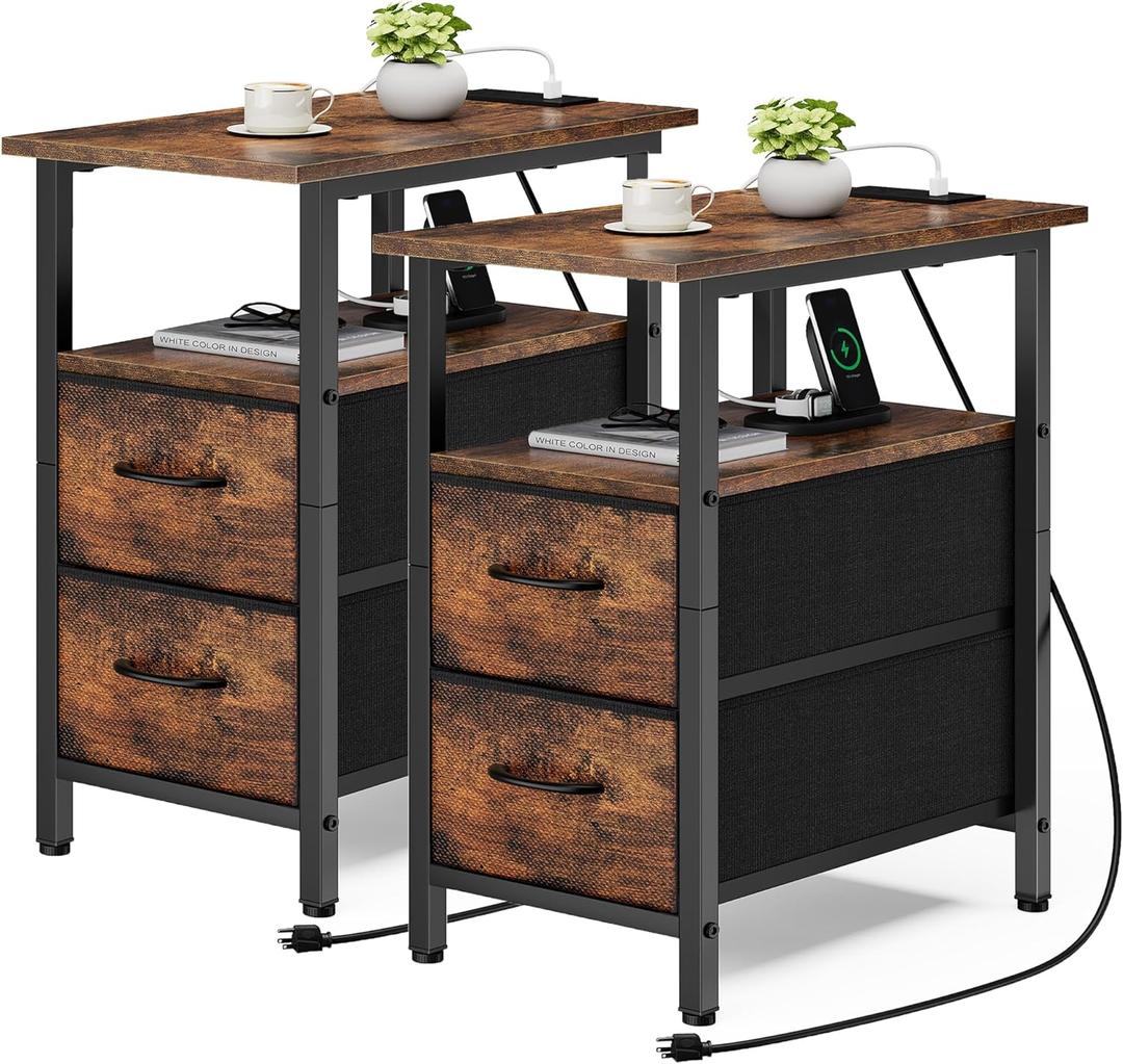 Vagusicc End Table with Charging Station Set of 2, Narrow Side Table, 23.8'' Tall Nightstand with 2 Drawers, Small Sofa Side Table Narrow Nightstand for Small Spaces Furniture, Bedroom, Rustic Brown