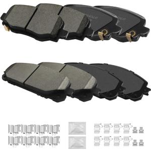Front and Rear Ceramic Brake Pads Kits with Hardware Set, Compatible with 2014 2015 2016 2017 2018 2019 2020 2021 2022 Jeep Cherokee With Dual Piston Front Caliper (D1734, D1843)