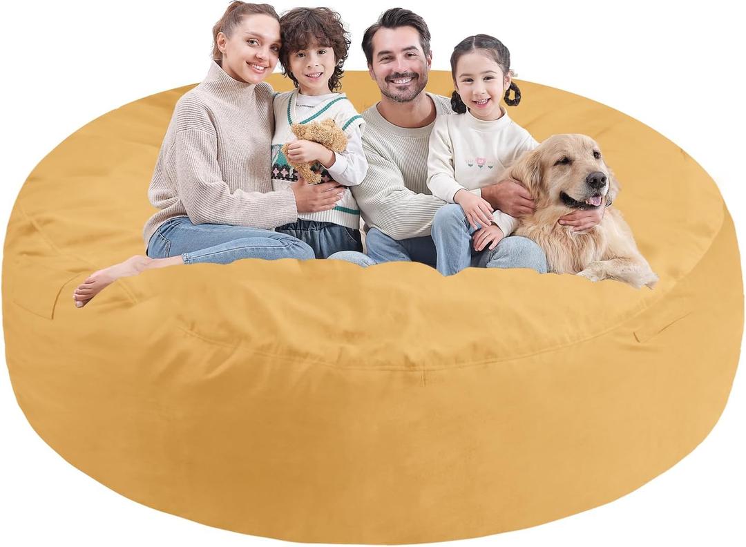 7FT Bean Bag Chair, Large Bean Bag Chairs with Memory Foam Filled, Fluffy Beanbag Sofa with Dutch Velvet Cover, Round BeanBag Chairs for Living Room, Playroom - Mustard (7FT- 72"x72"x18")