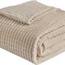 EMME Fleece Blanket, 3D Jacquard Throw Blanket for Couch and Bed, Soft Cozy and Fluffy Blankets Lightweight Luxury Flannel with Geometric Grid Design (Beige, 50'' x 60'')