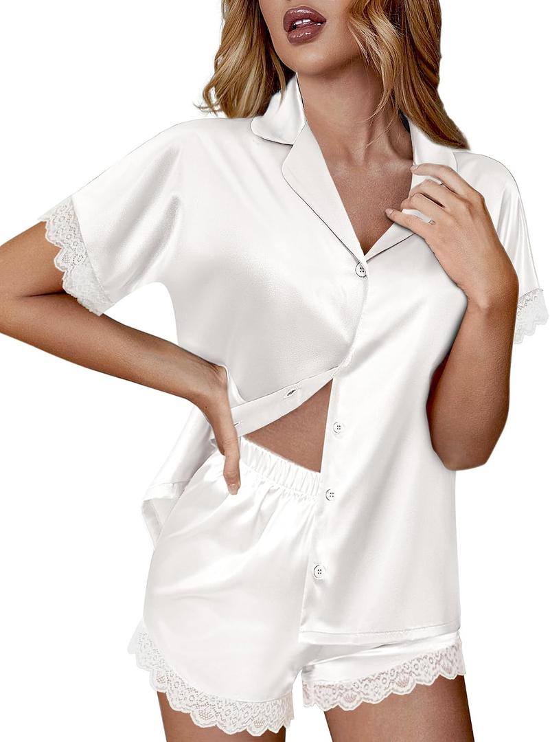 Ekouaer Women Lace Satin Pajama Set Button Down Silk Pjs Shorts Set XS-XXL | Bride Bridesmaids Getting Ready Outfits, 2 Piece Silky Short Sleeve Sleepwear for Sleep, Lounge, Bridal Party, Wedding, Gifts (M)