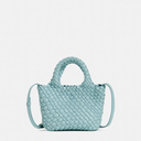 Women's Small Vegan Leather Tote Bag - Compact Woven Shoulder Purse for Daily Use, Retro Handmade Mini Bag (Blue)