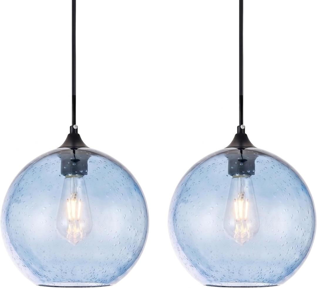 Blue Seeded Glass Pendant Lights Kitchen Island,Modern 7.8" Globe Hand-Blown Bubble Glass Pendant Light,Black Hardwired Hanging Ceiling Light Fixture for Dining Room,Bedroom,Sink,2-Pack