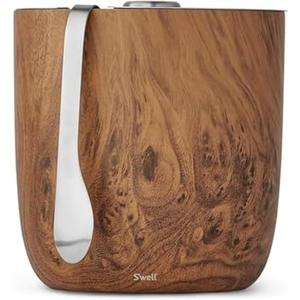 Swell Stainless Steel Ice Bucket with Tongs, 68oz Capacity, Teakwood Finish, Triple-Layer Vacuum Insulated to Keep Ice Colder Longer, BPA-Free Barware