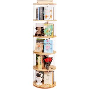 TAKEKIT 360 Rotating Bookshelf, 5-Tier Spinning Book Shelf Tower with Solid Wood & Clear Acrylic, Round Revolving Bookcase for Living Room, Bedroom and Office