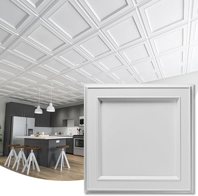 WOWSTAR 12-Pack 24"x24" Drop Ceiling Tiles, Waterproof Glue up Ceiling Panels, Modern Style 3D Wall Panels, White, 2x2ft