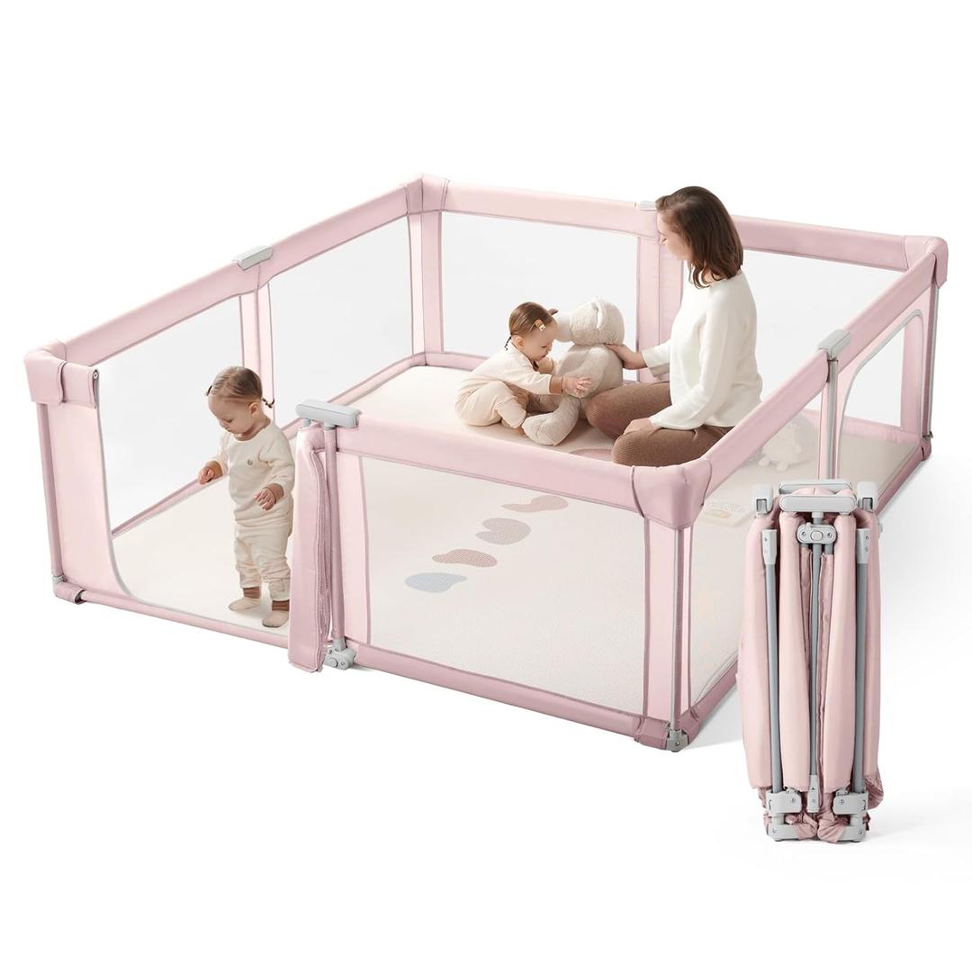 Baby Playpen Portable, Pre-Assembled Play Pen 71x79 Large Foldable Playpen for Babies and Toddlers, Sturdy and Safe Toddler Play Yard Indoor Outdoor with Carry Bag, Pink