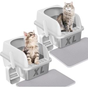Prodigen Extra Large Stainless Steel Cat Litter Box with Lid High Wall Sides Enclosure, Non-Sticky, Anti-Leakage, Easy Cleaningwith Cat Mat & Metal Scoop, 24" L x 16" W x 12" H, 2 Pack