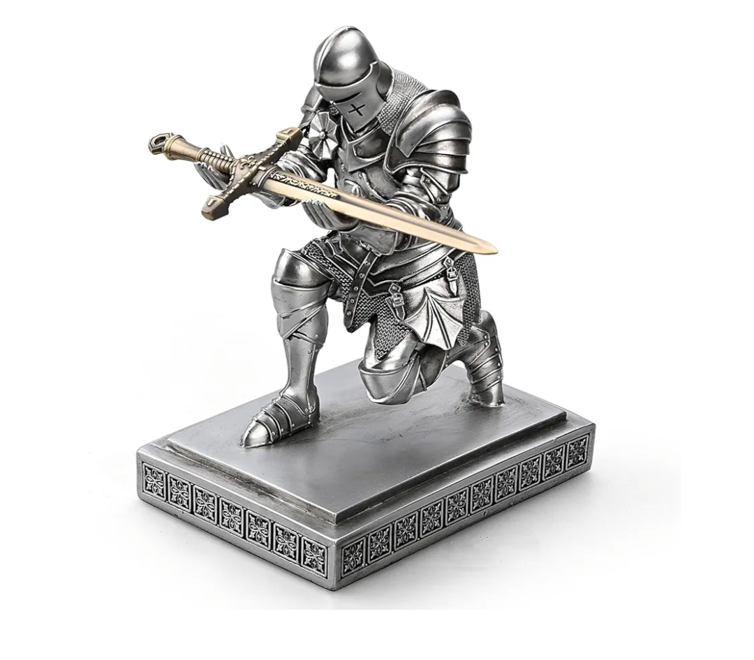 Medieval Armored Warrior Knight Pen Holder Desk Organizers and Accessories Resin Pencil Holder Paperweight as Gift with a Cool Letter Opener for Desk (Silver)