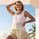 Patelai 3 Pcs Women Crochet Vest Tank Top Beige White Black Hollow Summer Sleeveless Sweater Knit Boho Trendy Resort Beach(L) (L)