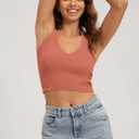 ODODOS Seamless Halter Crop Tops for Women Ribbed Soft V Neck Open Back Cropped Tank Top, 1-Pack, Coral, Medium-Large