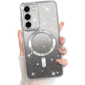 Bonoma Compatible with Samsung Galaxy S23 Plus Case Support for MagSafe, Plating Heart Glitter Magnetic Case TPU Camera Protection Back Cover for Phone Case -Silver