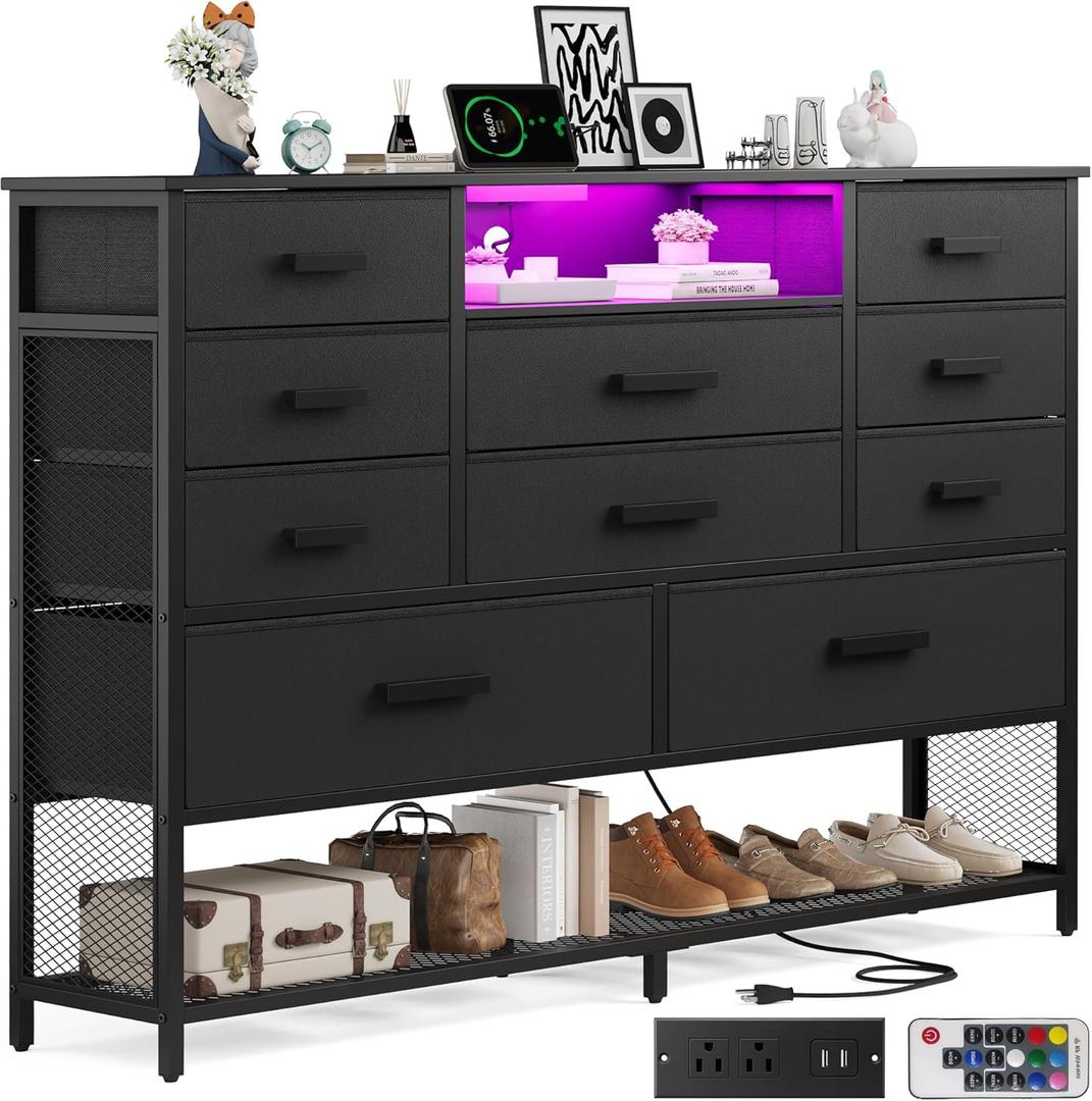 Black Dresser for Bedroom with 10 Drawers, Chest of Drawers with Charging Station, TV Stand Storage with LED Light for 55" TV, Fabric Drawers with PU Finish, Dresser with Shelves for Closet (11.8"D x 47.2"W x 39.4"H (10 Drawers))