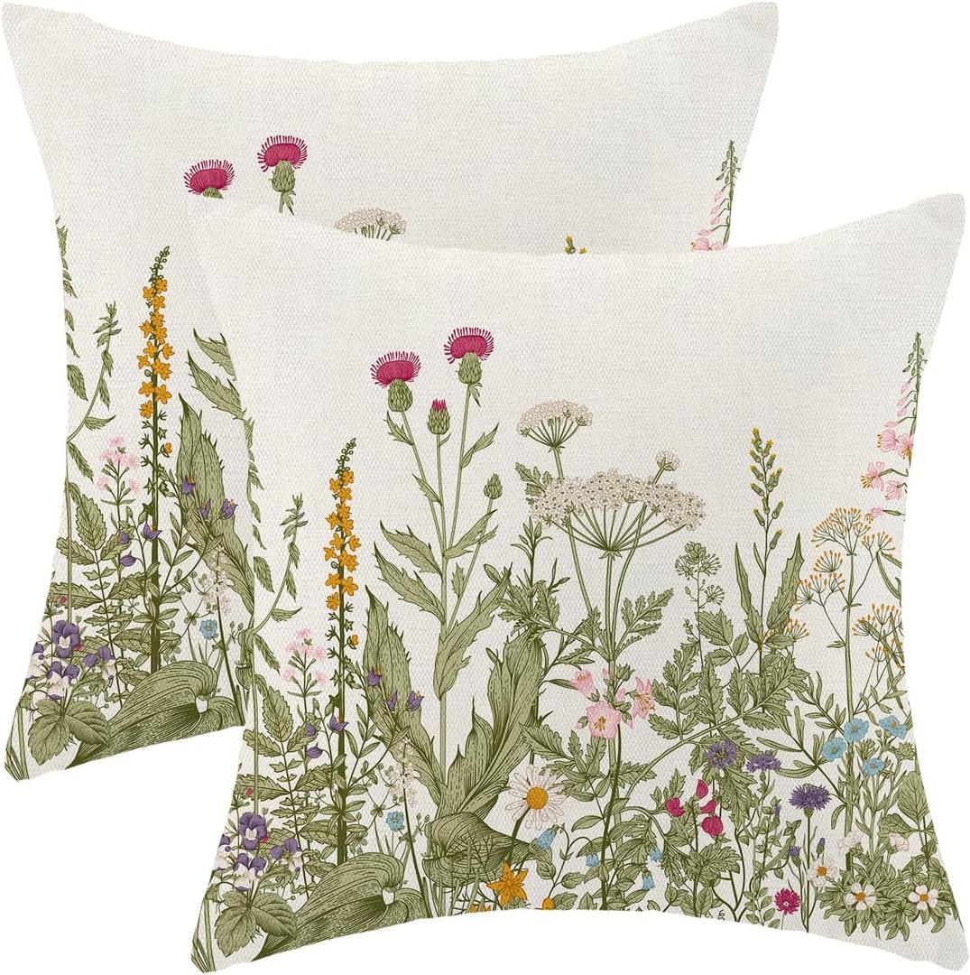 AEIOAE Sage Green Pillow Covers 18x18 Inch Set of 2, Spring Wildflower Plant Throw Pillows Case,Seasonal Floral Outdoor Decorative Flowers Farmhouse Decor Cushion Covers for Home Sofa Bed Couch