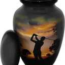 Small Cremation Urn for Human Ashes - 6 x 4 inch, 650 ml, Golfer Design, Aluminum, Handcrafted Memorial Container