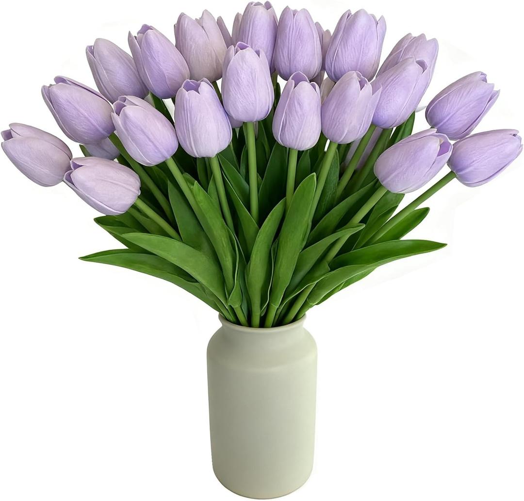Purple Faux Tulips Real Touch (20 Pcs) - 13.5 Inch Premium PU Artificial Flowers for Valentine's Day, Spring & Easter Home Decor, Wedding Bouquet