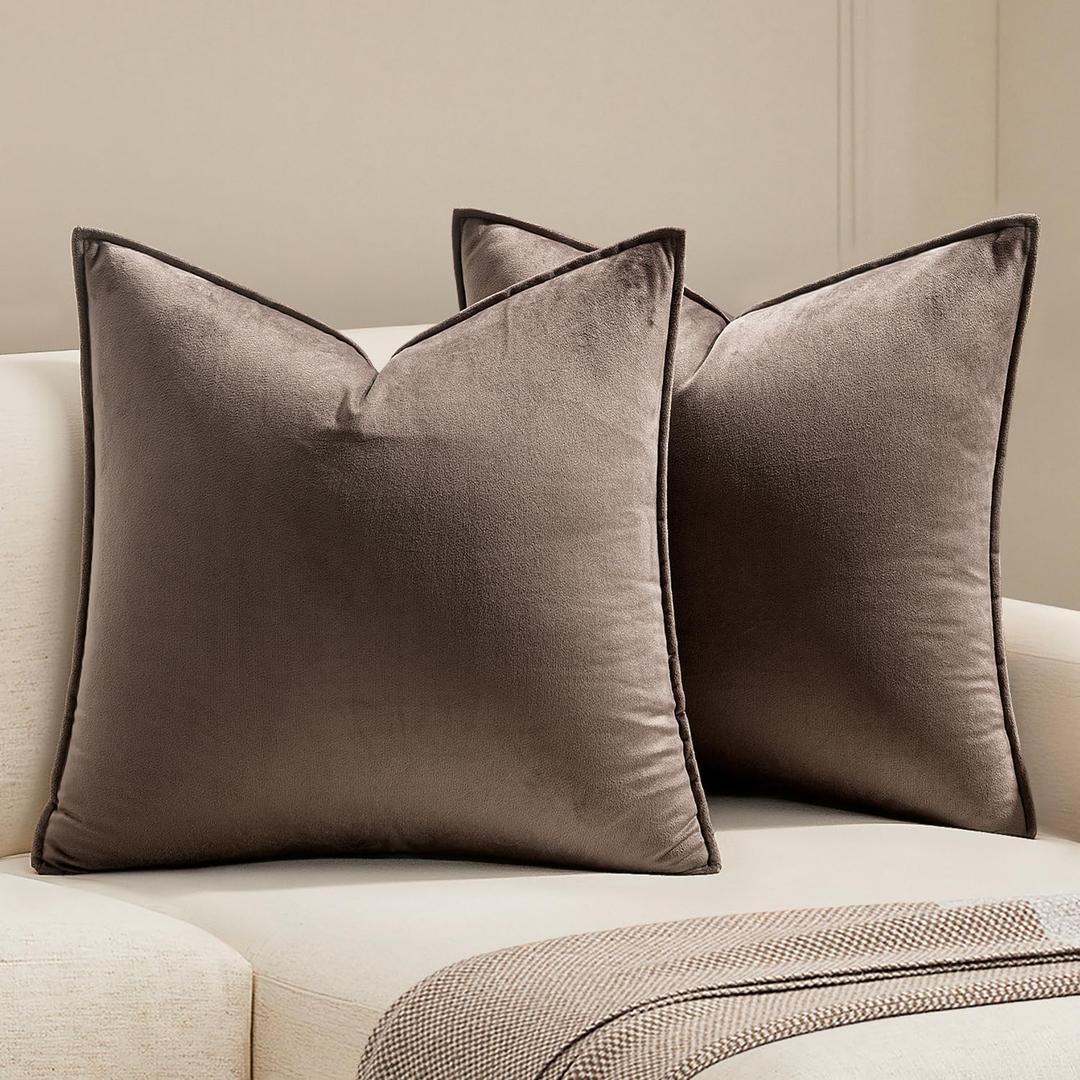 MIULEE Dark Coffee Velvet Throw Pillow Covers 22x22 Taupe Neutral Soft Decorative Solid Square Cushion Cases Pack of 2 Modern Luxury Home Decor for Couch, Sofa, Bedroom